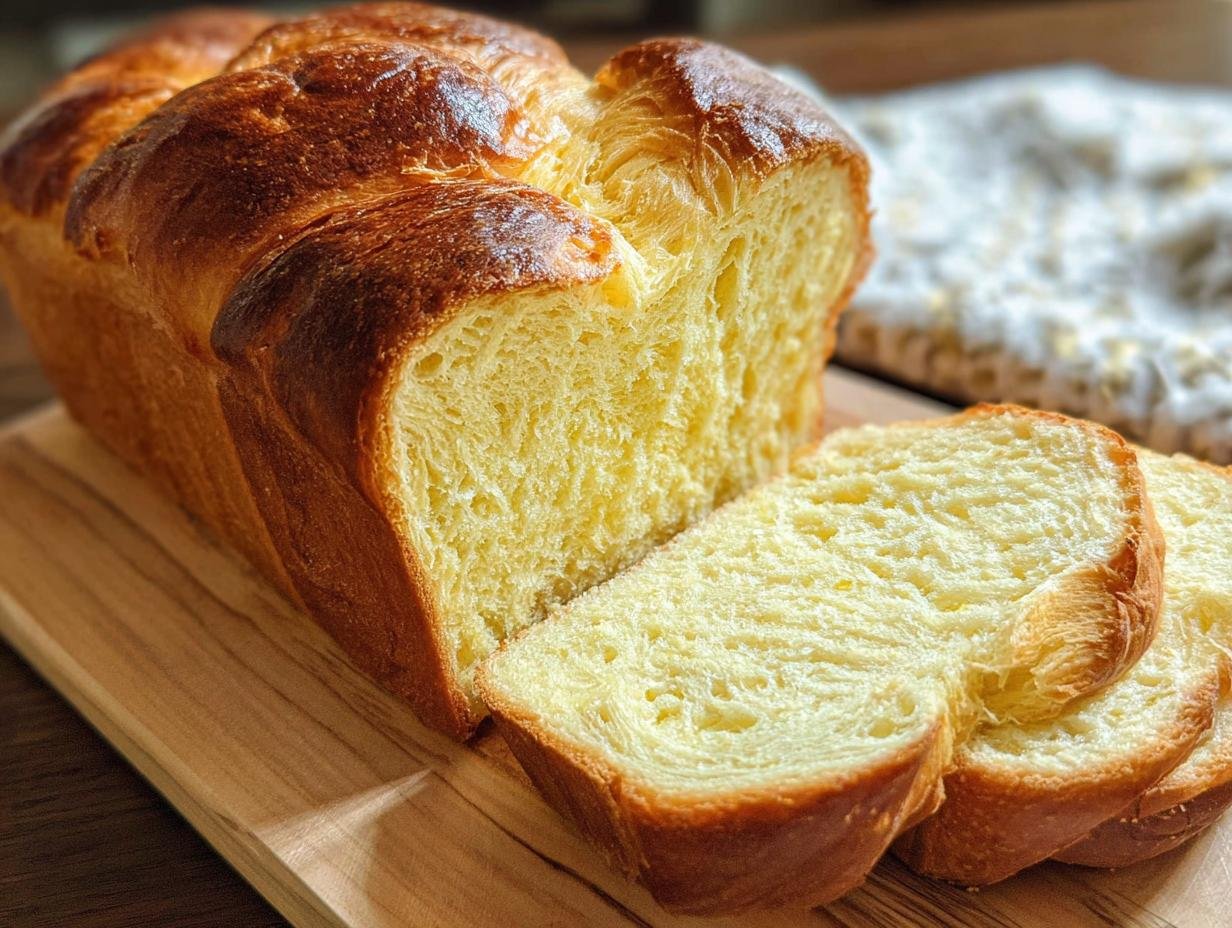Golden brown loaf of homemade brioche bread on a cooling rack