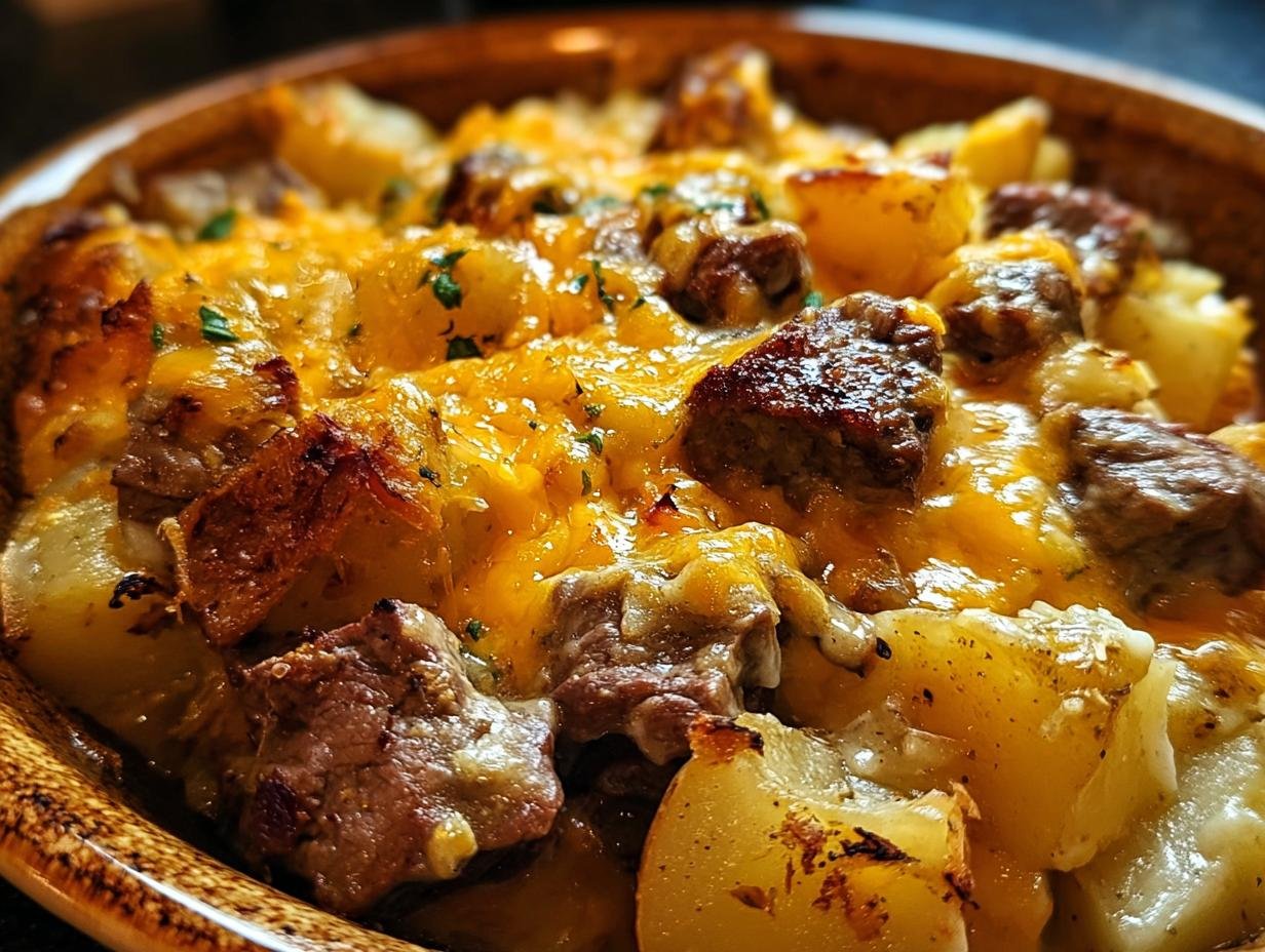 Crockpot Loaded Steak Potato - close up of cheesy topping