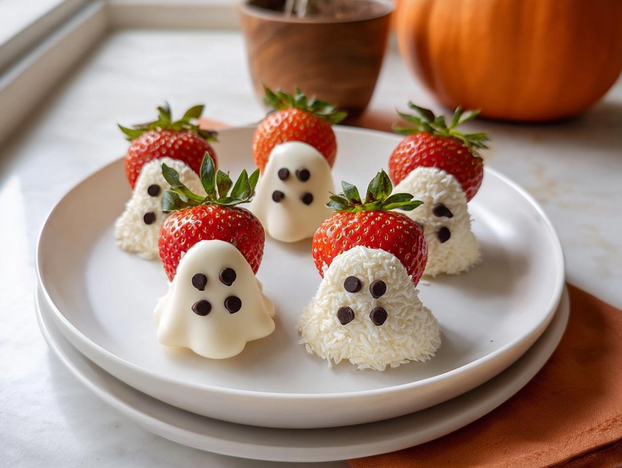 Strawberry Ghosts: Adorable 5-Minute Treat - Strawberry Ghosts - close-up of strawberries being dipped in white chocolate