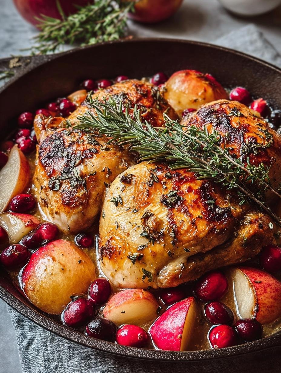 Amazing Apple Cranberry Roasted Chicken with crispy skin and vibrant cranberries and apples in a skillet