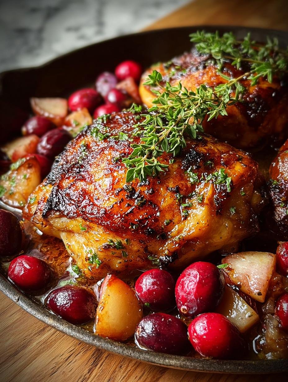 Close-up of Apple Cranberry Roasted Chicken with tender chicken, glistening sauce, and fresh herbs