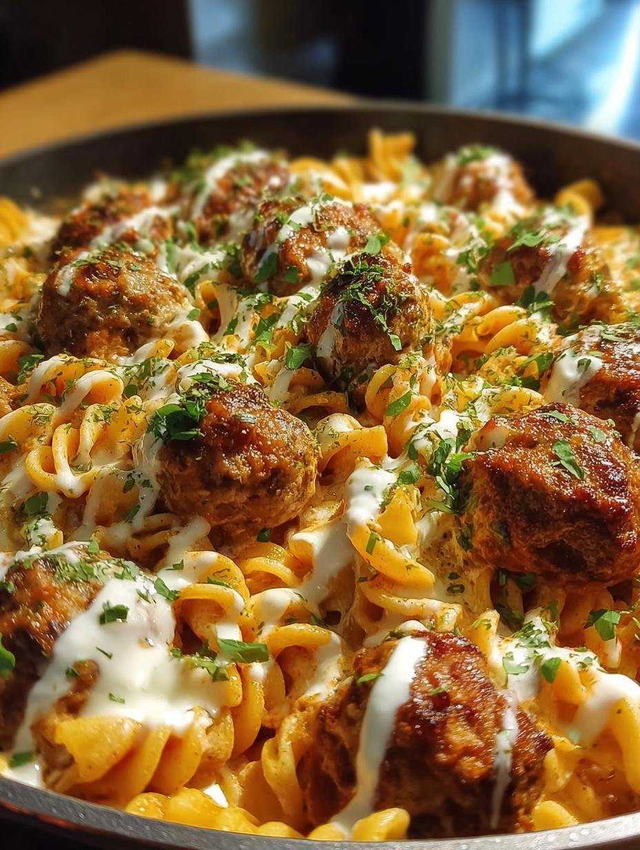 Delicious Bold Creamy Buffalo Ranch Meatball Pasta in a white bowl, garnished with fresh parsley, ready to be served.