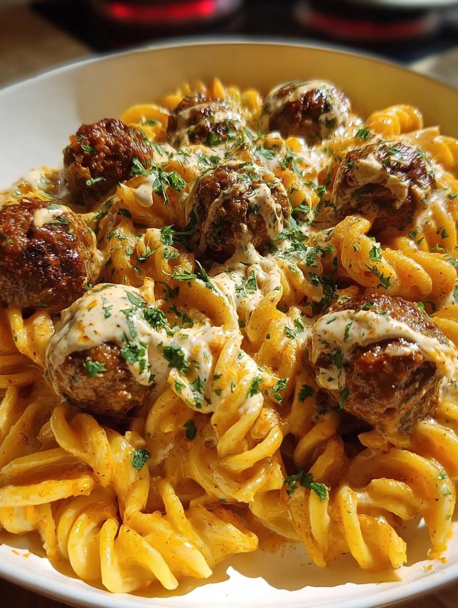 Close-up of a creamy buffalo ranch sauce coating pasta and meatballs, showing the rich texture and vibrant color, perfect for a Bold Creamy Buffalo Ranch meal.
