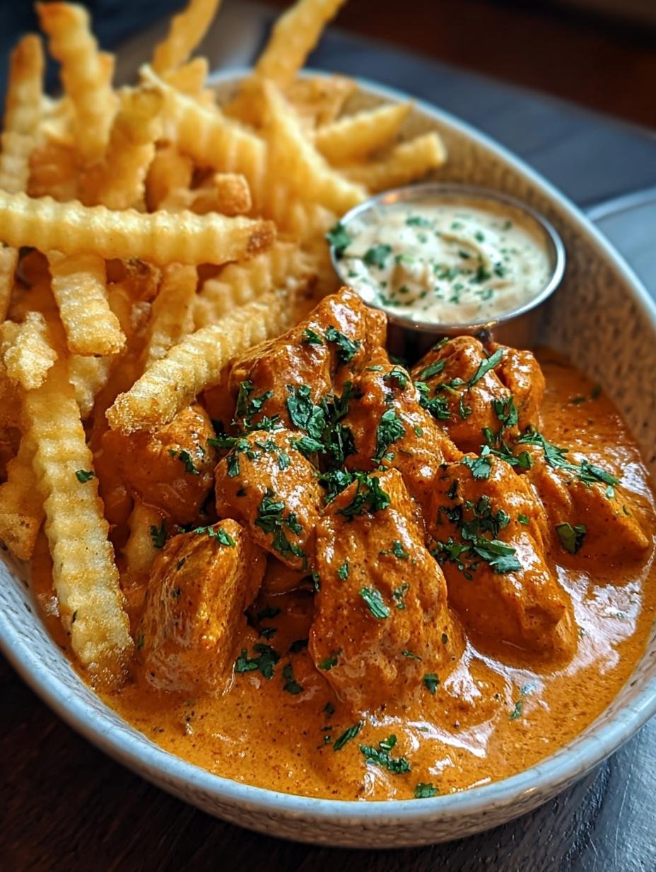 Close-up of creamy Butter Chicken Garlic Sauce simmering in a skillet, showing tender chicken pieces and rich texture