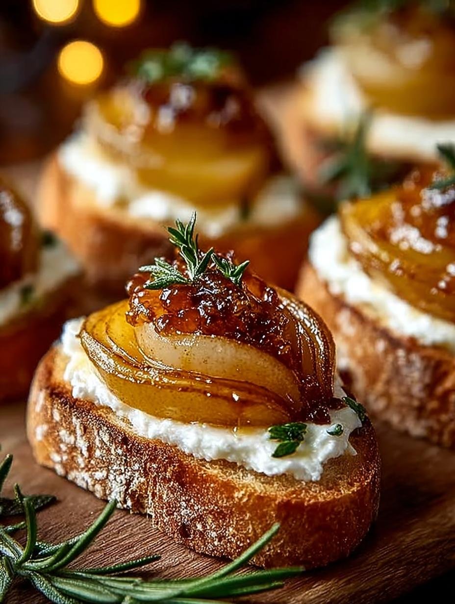 CARAMELIZED PEAR CROSTINI: 5 Irresistible Goat Cheese Appetizer - CARAMELIZED PEAR CROSTINI, GOAT CHEESE APPETIZER, RO - main visual representation