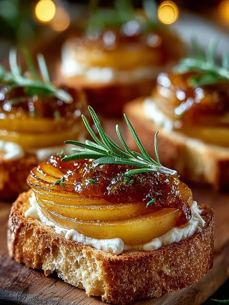 CARAMELIZED PEAR CROSTINI, GOAT CHEESE APPETIZER, RO