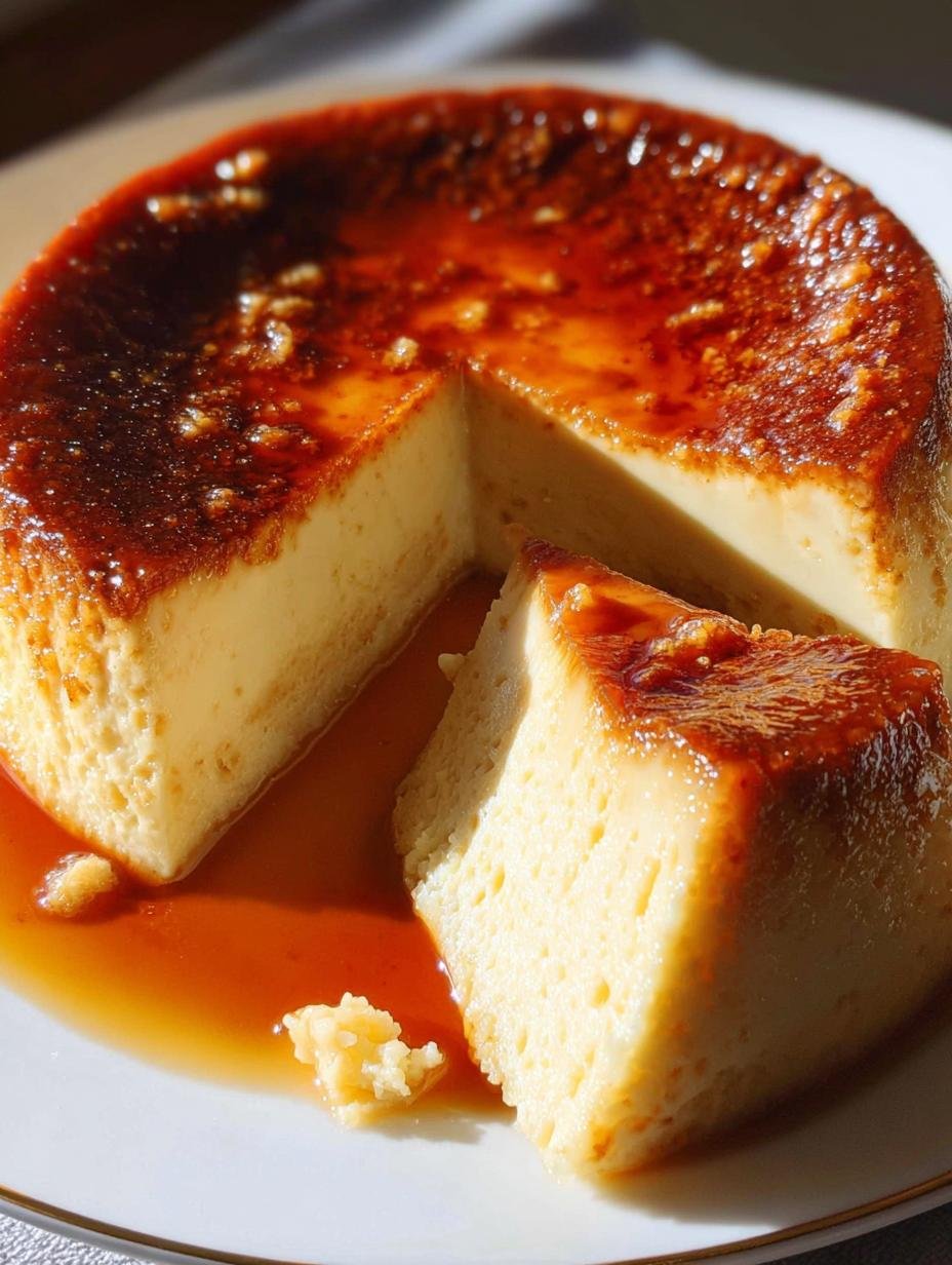 A perfectly unmolded Coconut Flan on a white plate, showcasing its smooth texture and glistening caramel sauce, ready to be enjoyed.