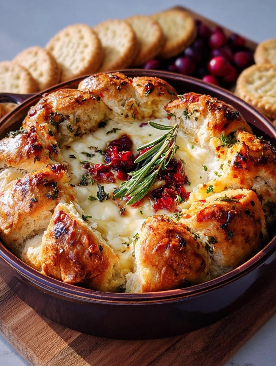 Cranberry Brie Biscuit Dip: Divine 10-Min Appetizer - Biscuits arranged around a skillet, brushed with butter and herbs.