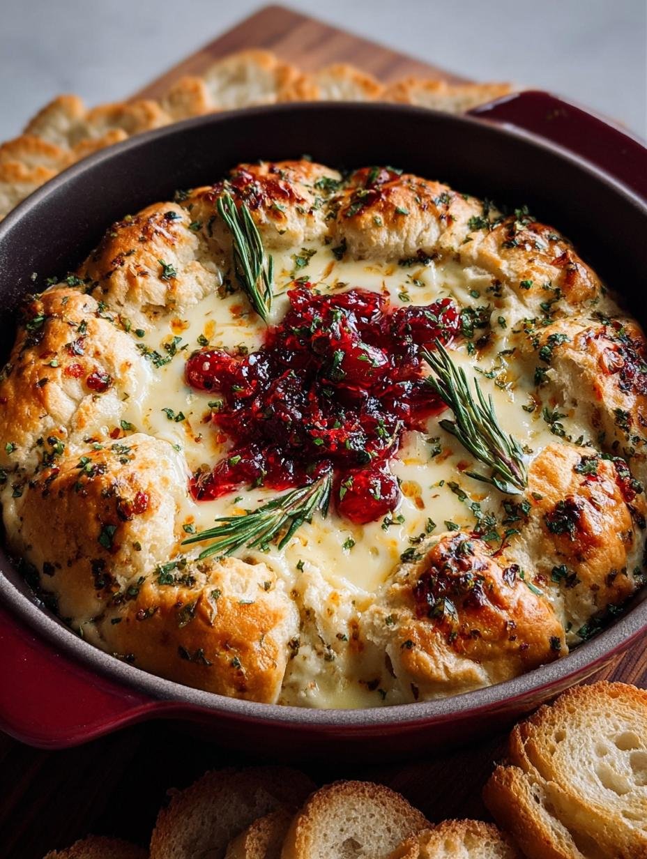 Cranberry Brie Biscuit Dip: Divine 10-Min Appetizer - Melted brie topped with cranberry sauce and cheddar, garnished with rosemary.