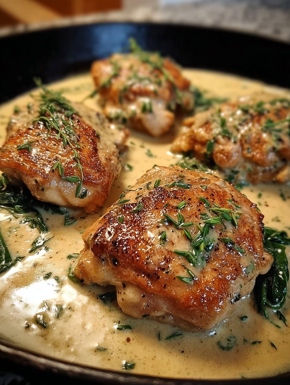 Delicious Creamy Garlic Chicken Thighs served in a skillet with fresh herbs, showcasing the rich sauce and tender chicken