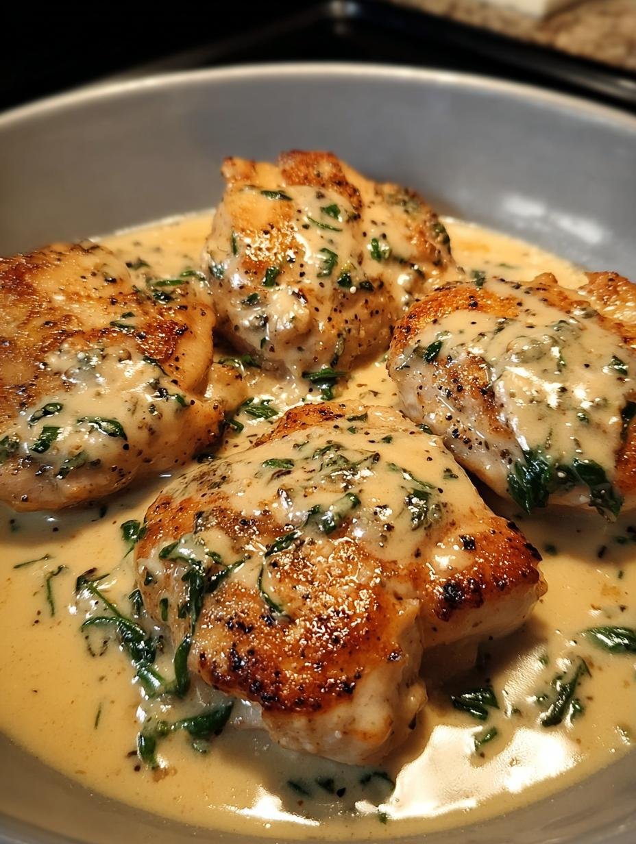 Close-up of Creamy Garlic Chicken Thighs in a pan, showing the rich, thick sauce and crispy chicken skin