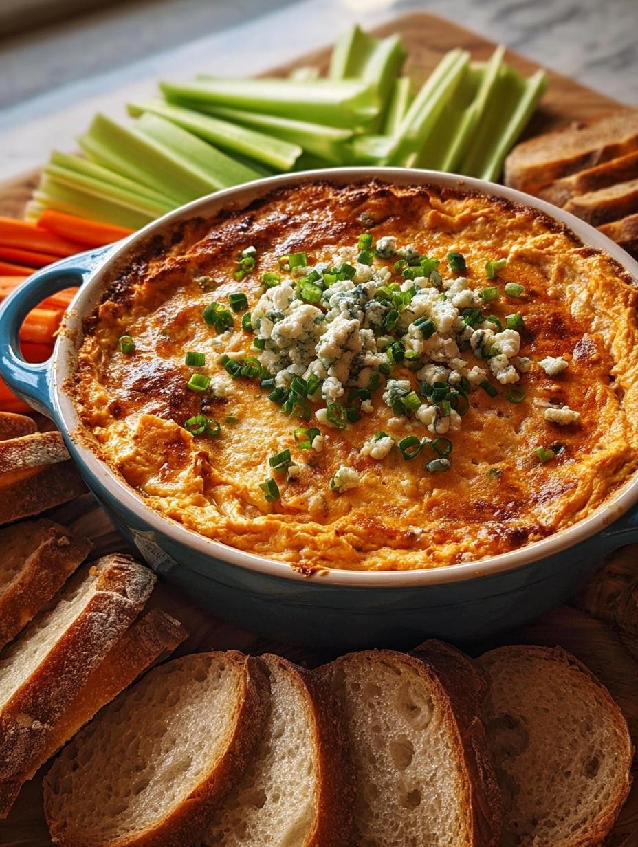 Irresistible Crockpot Buffalo Chicken Dip in a slow cooker, garnished with fresh green onions and served with tortilla chips and celery sticks, ready for a party