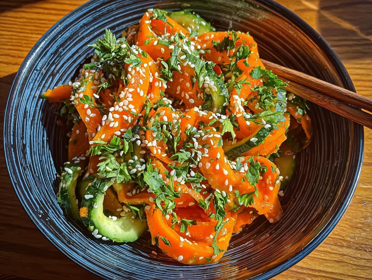 Cucumber Carrot Salad: Zesty 2-Minute Summer Delight 2 Cucumber Carrot Salad: Zesty 2-Minute Summer Delight - Freshly prepared cucumber and carrot strips ready for dressing