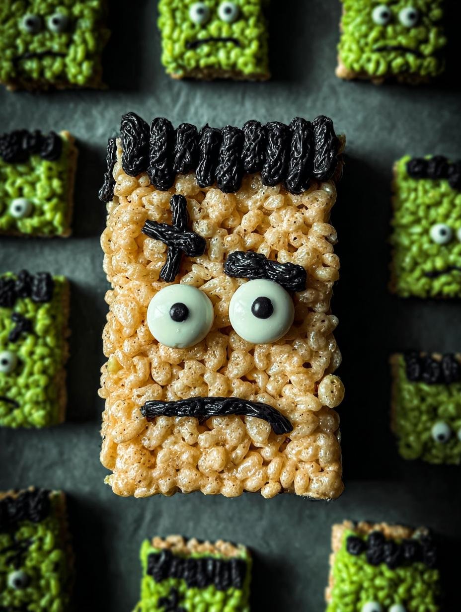 Deliciously spooky Frankenstein Halloween Rice Krispie treats arranged on a white platter, ready for a party