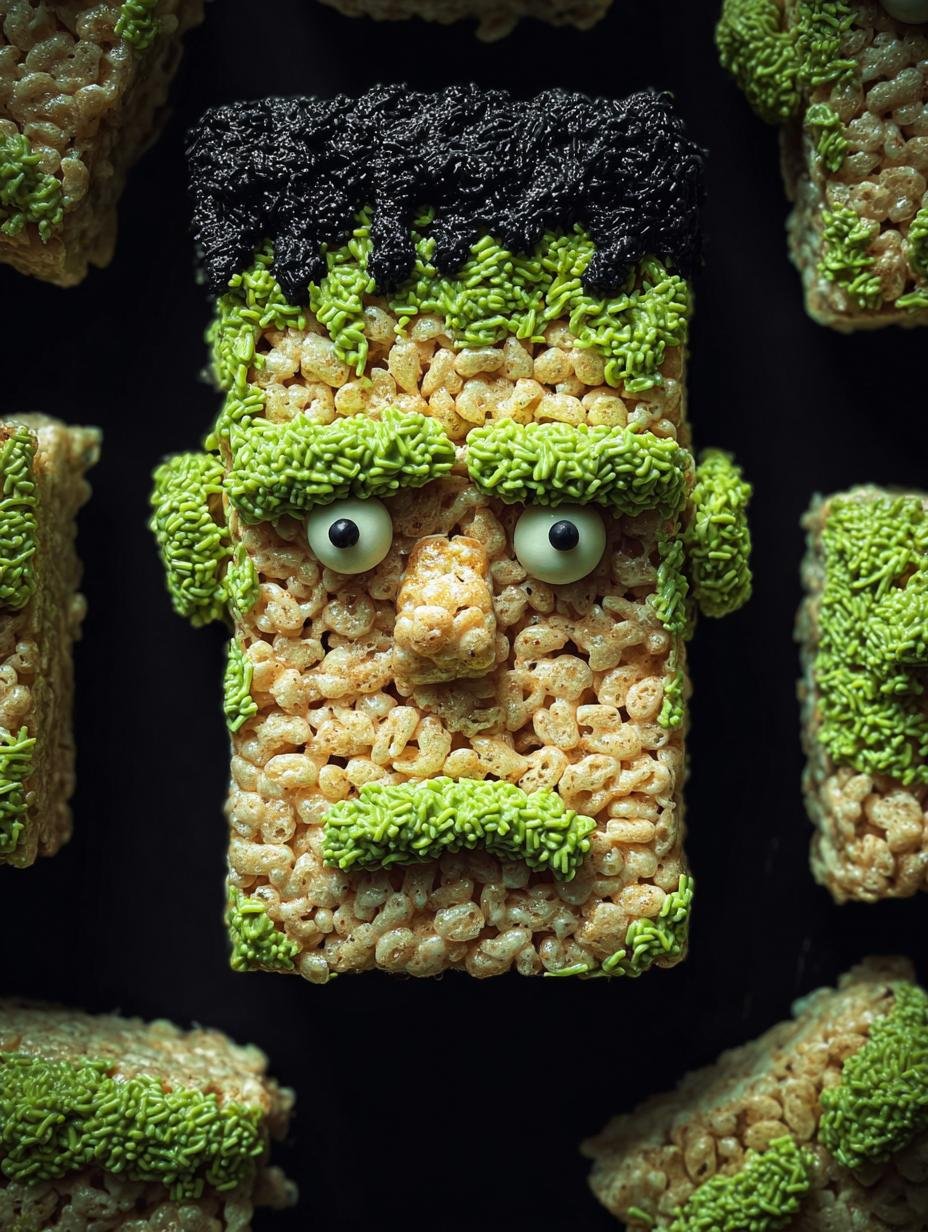 Close-up of a Frankenstein Halloween Rice Krispie treat with green candy coating, black sprinkles, and royal icing eyes