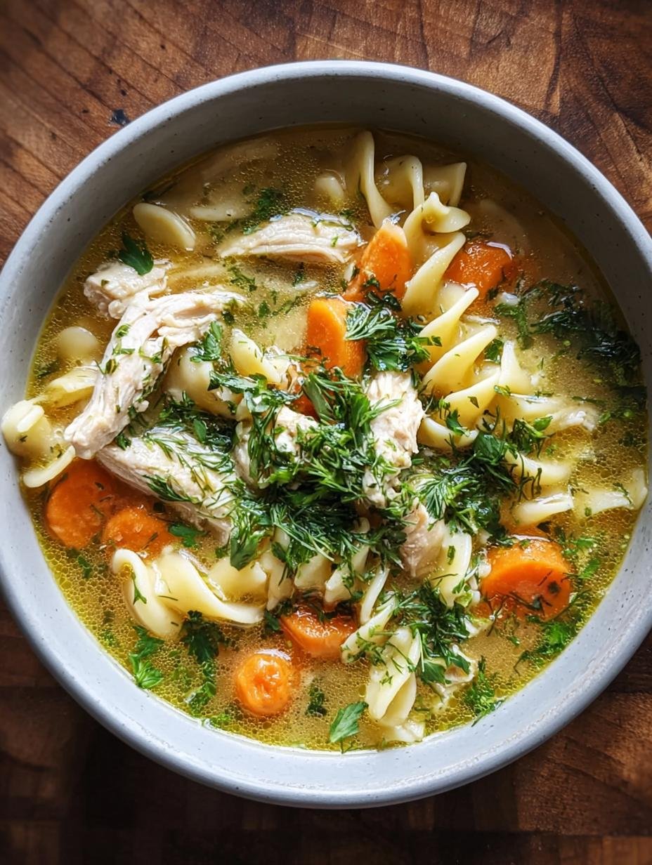 Fresh Herb Chicken Noodle: Comfort in 1 bowl 3 Fresh Herb Chicken Noodle Soup being served in a bowl with fresh herbs