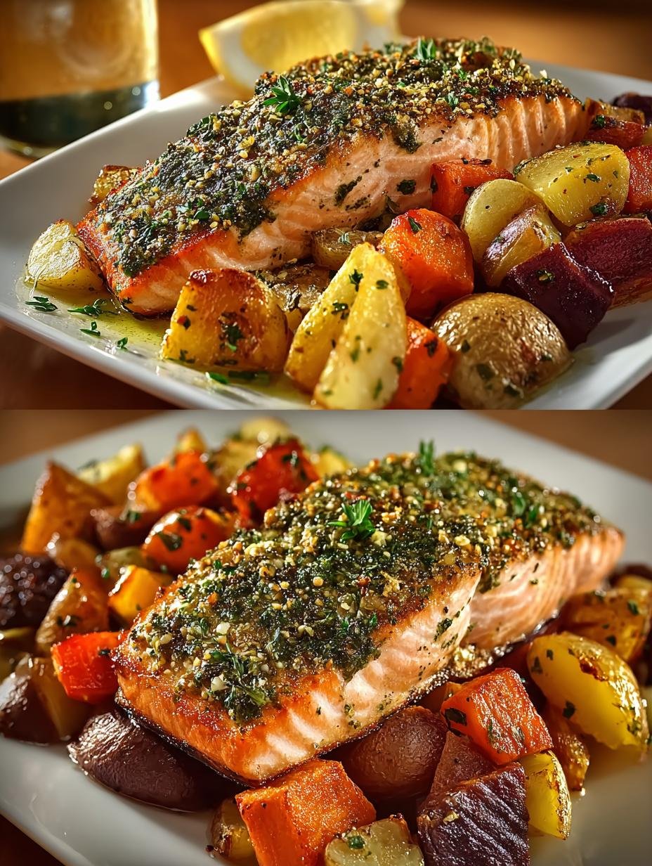 Herb Crusted Salmon with Roasted Root Veggies Delight 3 Herb Crusted Salmon with Roasted Root Veggies Delight - Herb Crusted Salmon with - additional detail