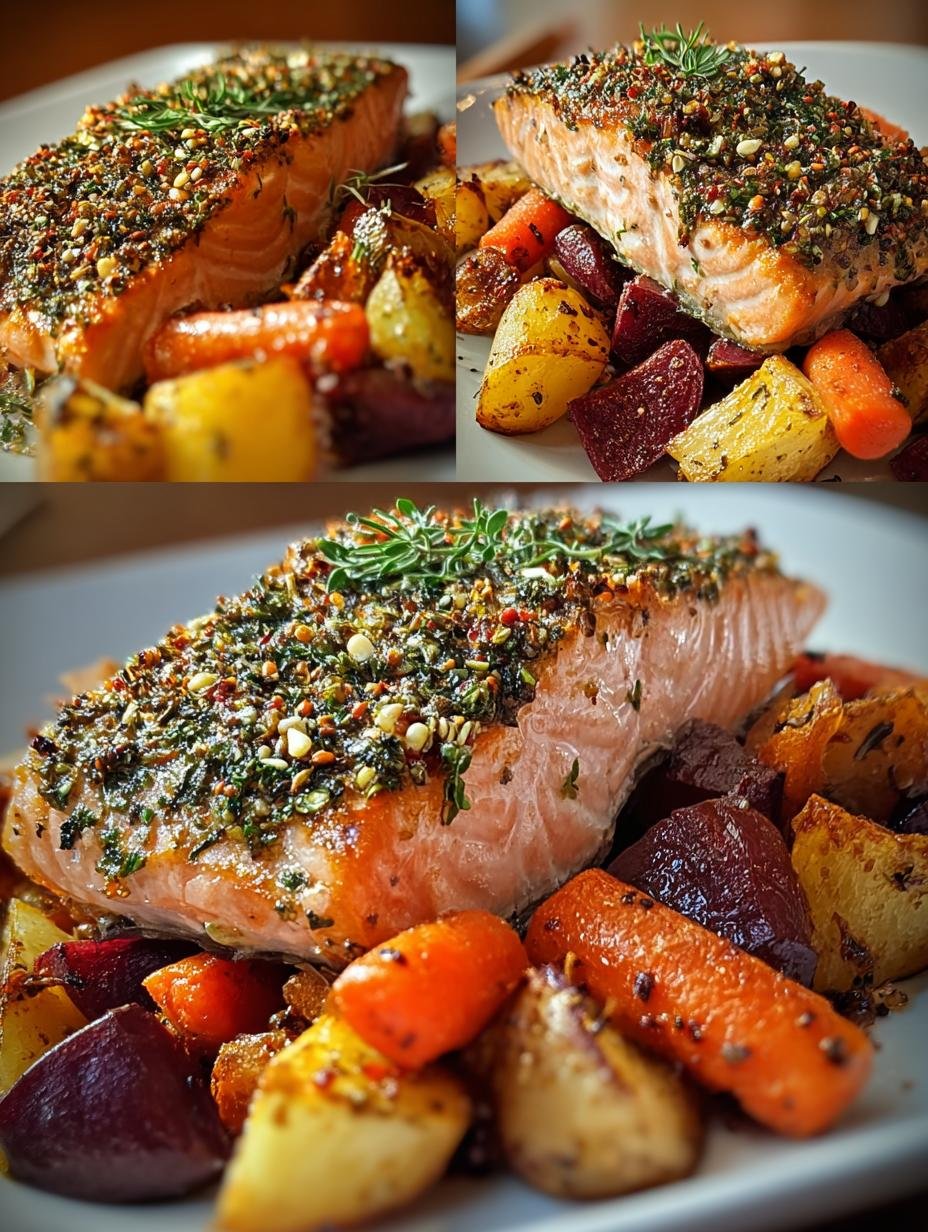 Herb Crusted Salmon with Roasted Root Veggies Delight