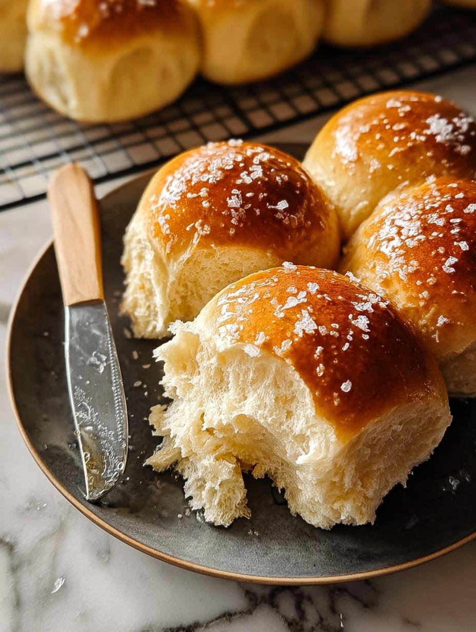 Close-up of golden Honey Dinner Rolls in a baking dish, brushed with melted butter, showcasing their fluffy texture