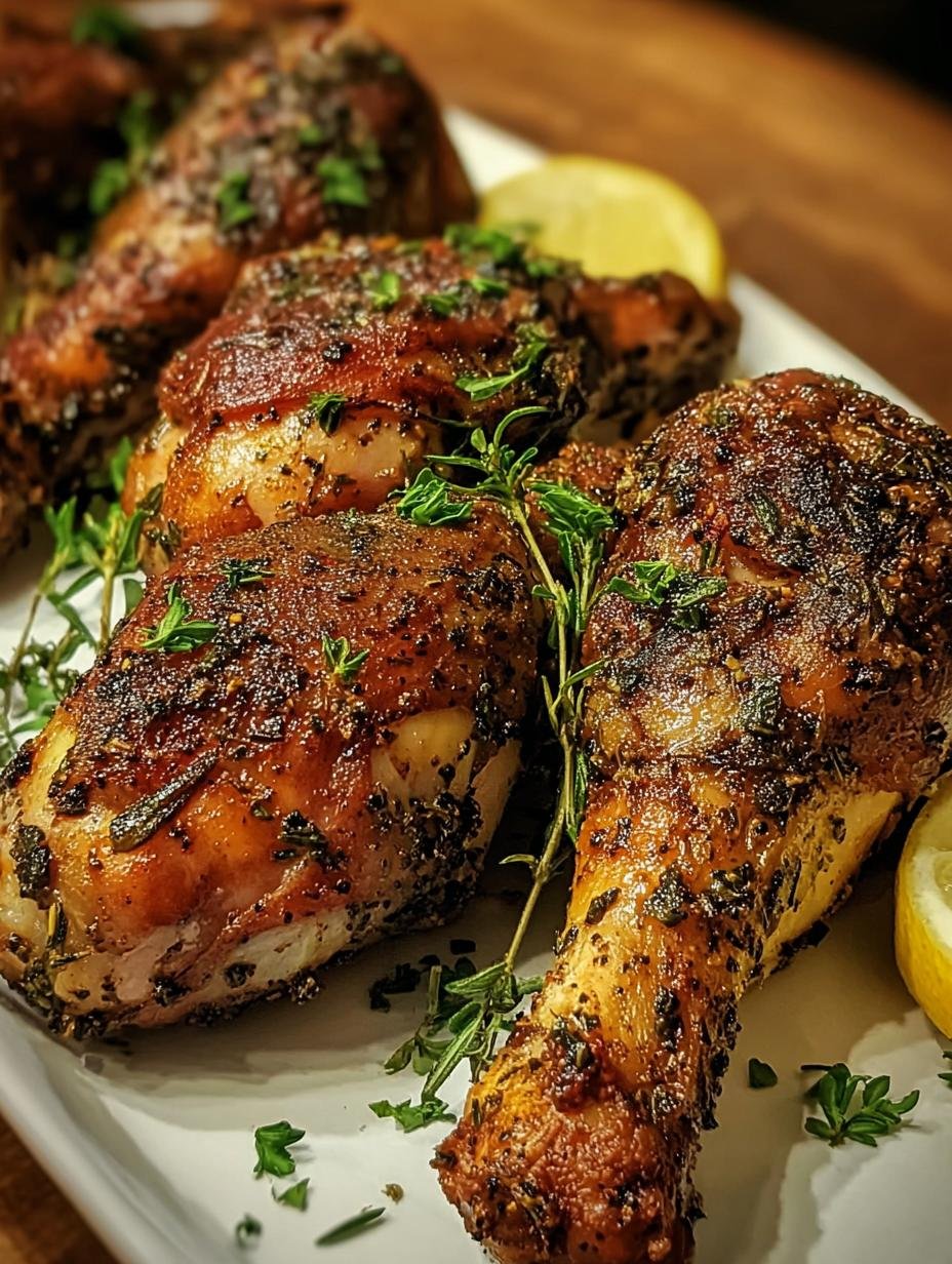 Delicious Juicy American Herb Rubbed Turkey drumsticks on a platter, garnished with fresh herbs and lemon wedges, ready to serve.