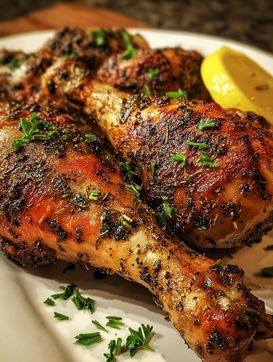 Close-up of a perfectly cooked Juicy American Herb Rubbed Turkey drumstick, showing crispy golden skin and tender meat.