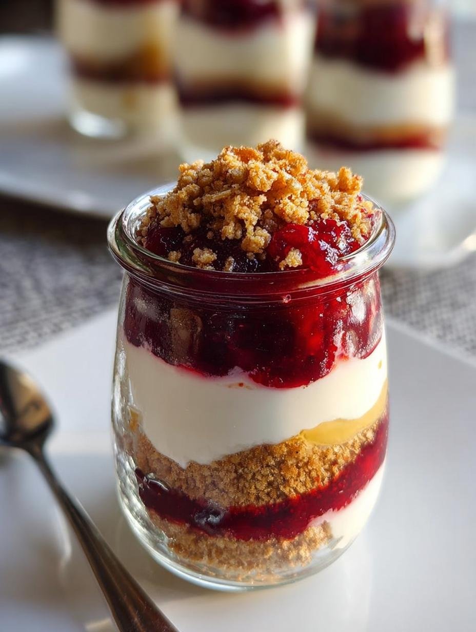 Delicious Leftover Cranberry Sauce Parfait layered with creamy yogurt and crunchy granola in a clear glass