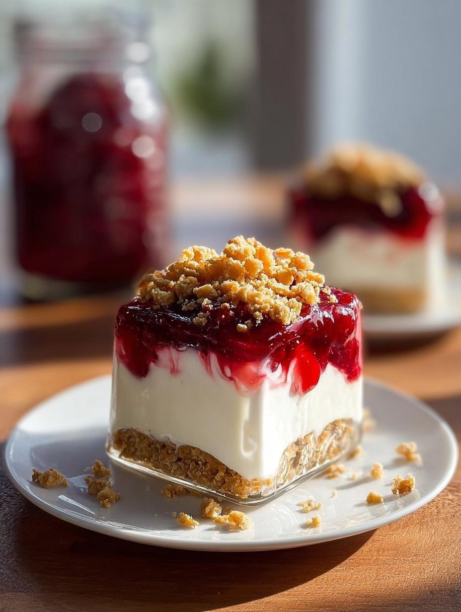 Close-up of a Leftover Cranberry Sauce Parfait showing layers of red cranberry sauce, white yogurt, and golden granola