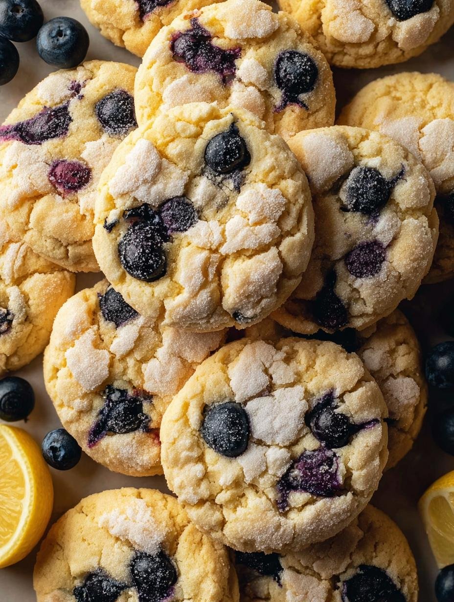 Close-up of a stack of soft Lemon Blueberry Cookies, showing their tender crumb and juicy blueberries.