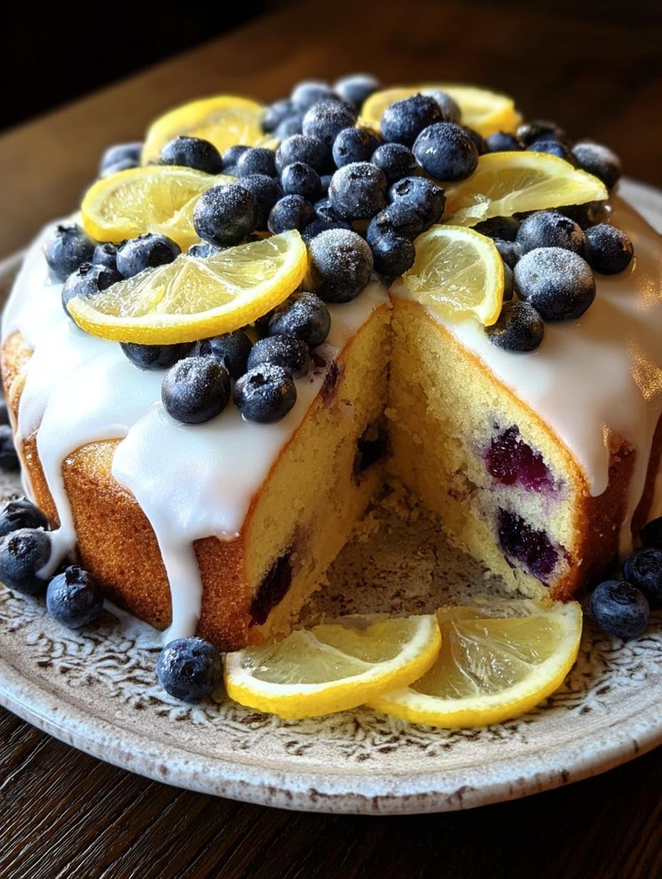 Delicious Lemon Blueberry Yogurt Cake with a vibrant lemon glaze and fresh blueberries on top, ready to be served.