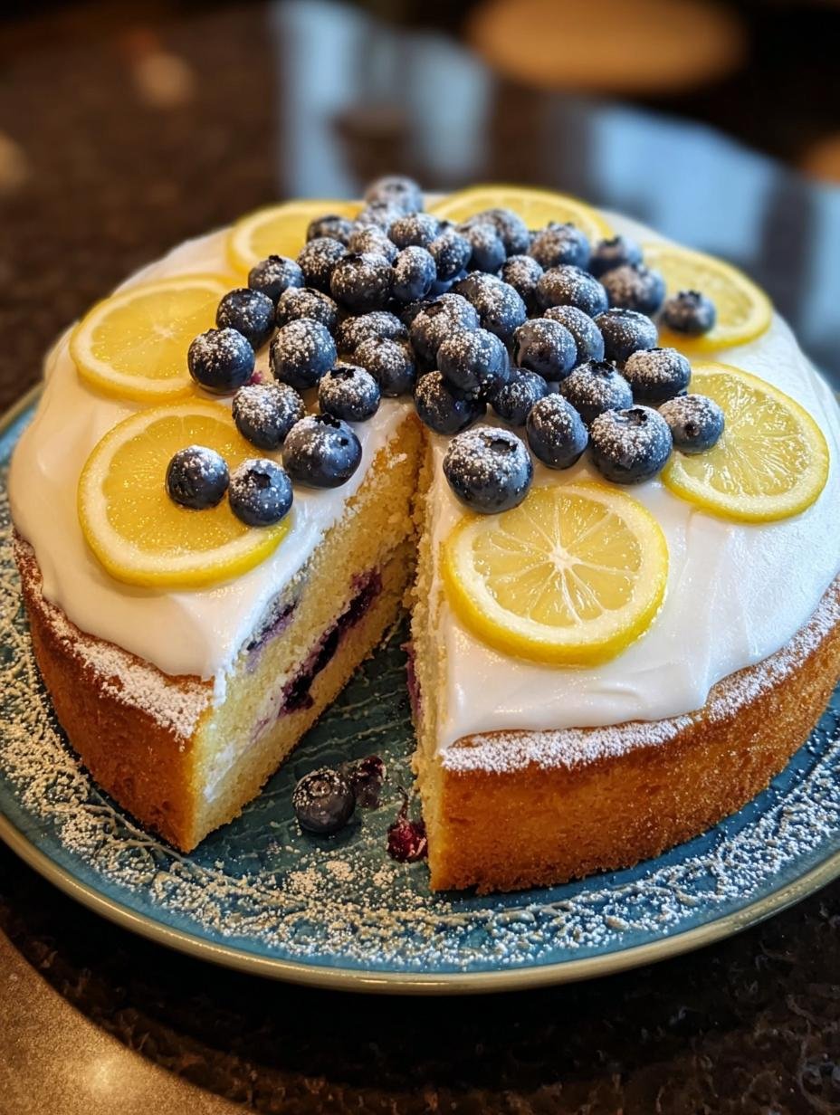 A close-up of a slice of Lemon Blueberry Yogurt Cake showing its moist crumb and juicy blueberries, with a drizzle of lemon glaze.