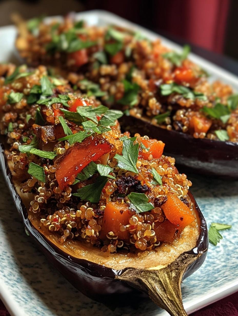 Delicious Mediterranean Stuffed Eggplant Quinoa with fresh herbs and feta
