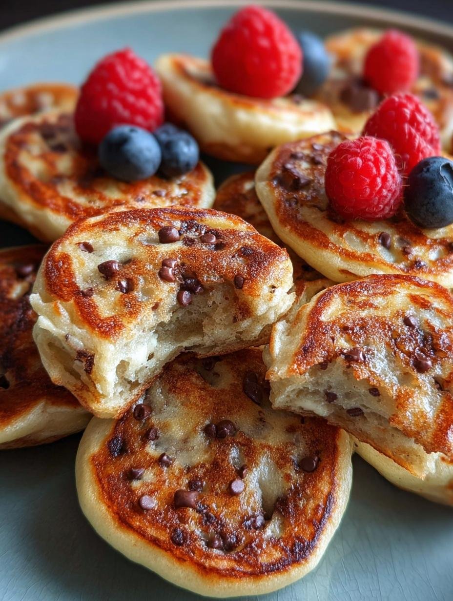 A close-up of fluffy Pancake Bites with fresh blueberries and powdered sugar, showcasing their delicious texture.
