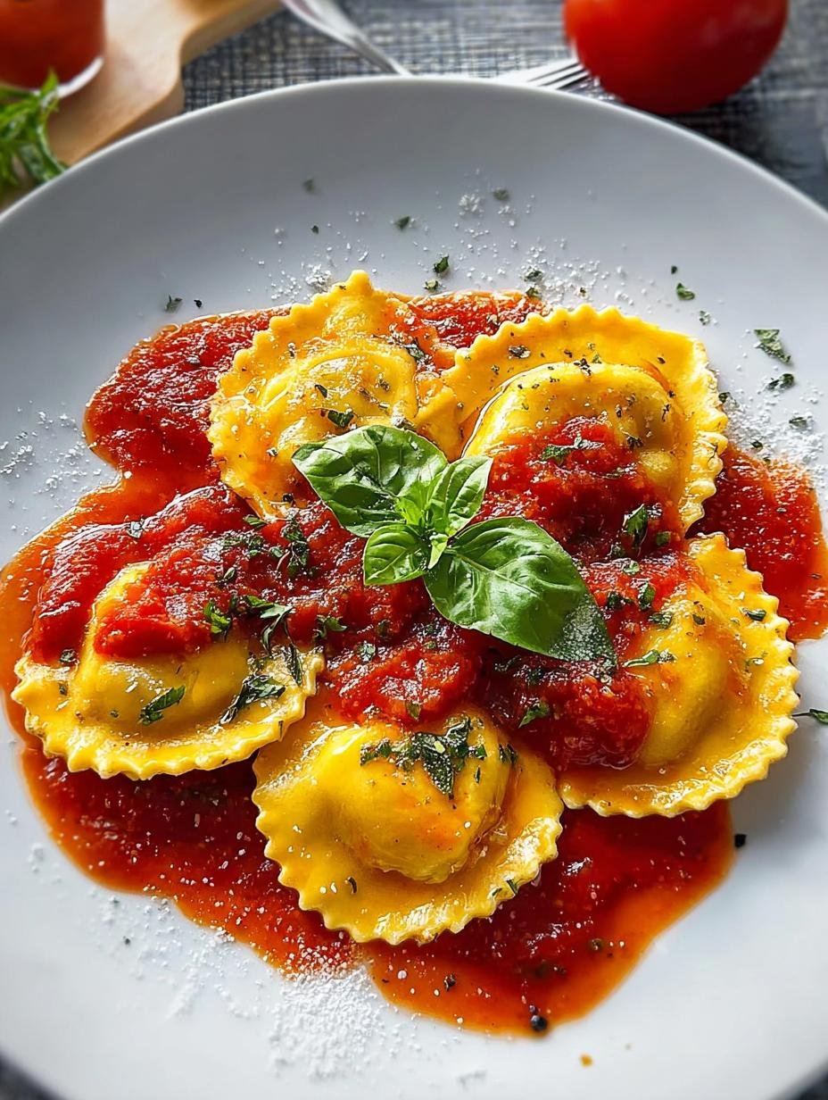 Delicious Ravioli Tomato Sauce with fresh basil and Parmesan cheese, ready to serve