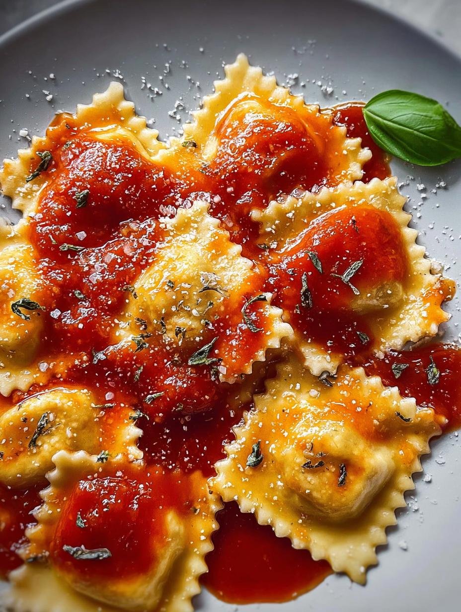 Close-up of fresh Ravioli Tomato Sauce simmering in a pan with basil leaves