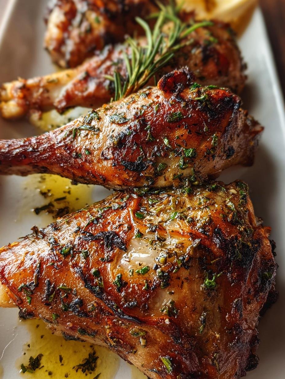 Deliciously golden brown Roasted Herb Butter Turkey drumsticks on a platter, ready to serve