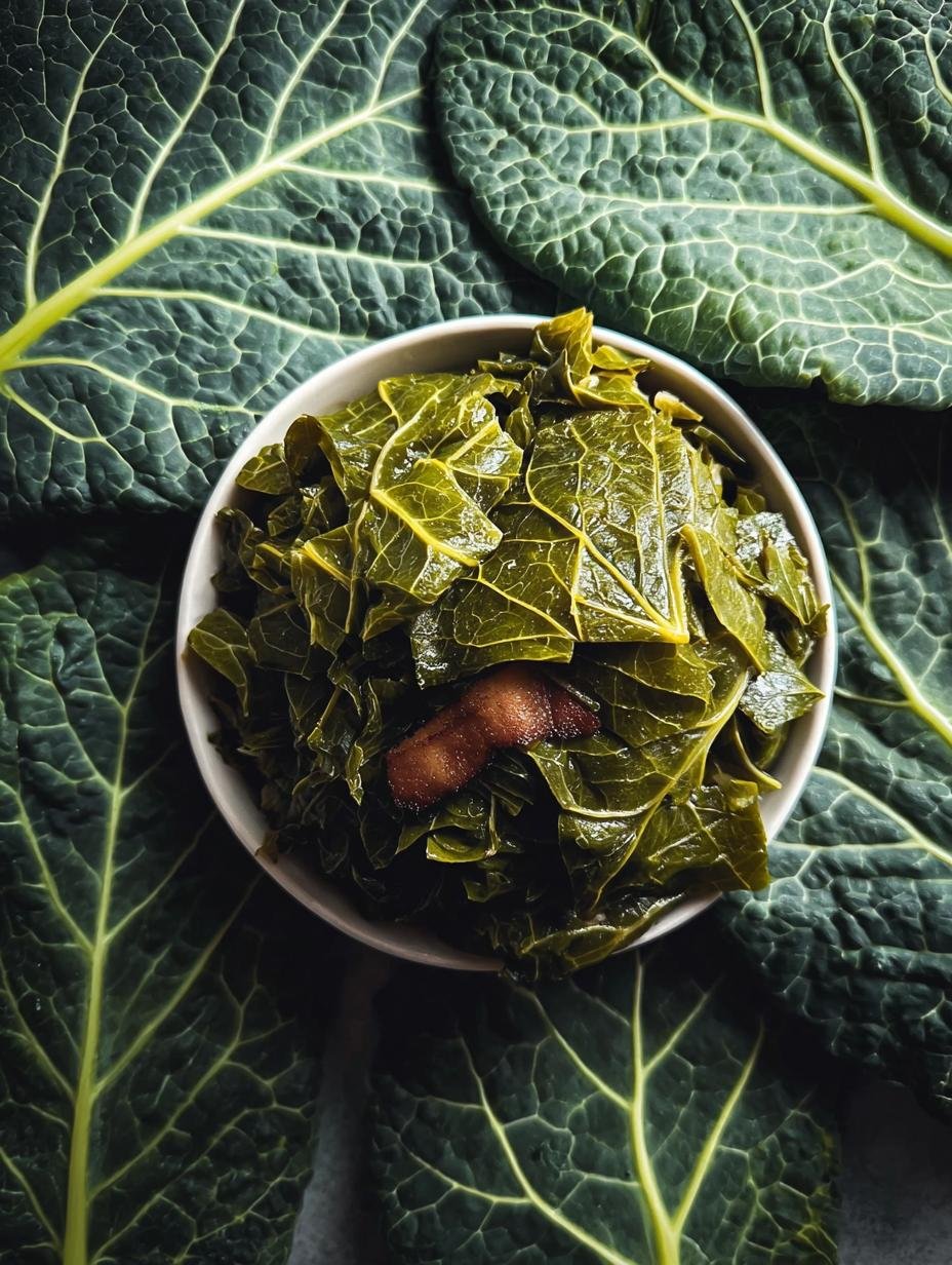 Close-up of tender Slow Cooker Collard Greens in a bowl, ready to eat