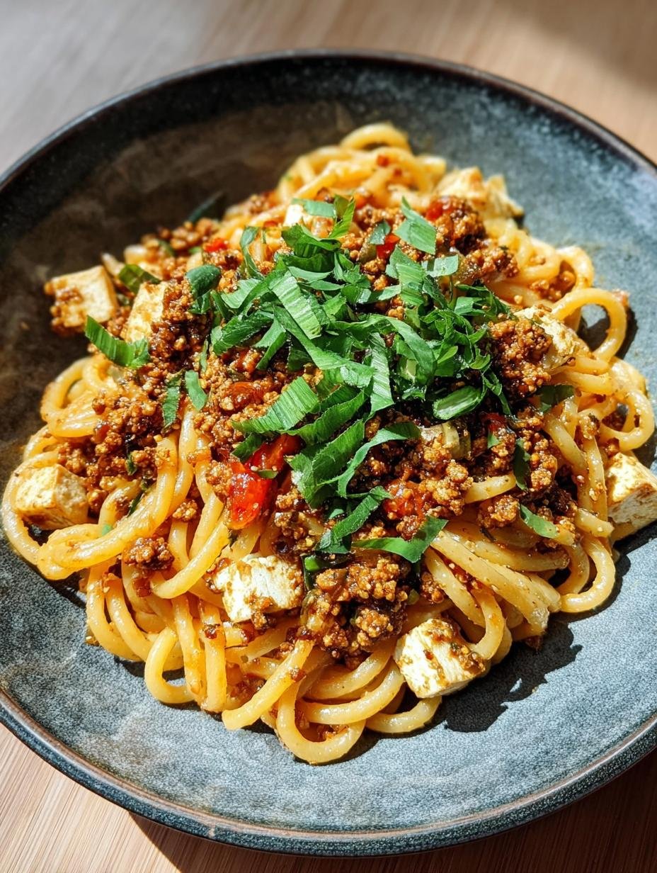 Close-up of Spicy Miso Pasta Spice, showing creamy sauce and tofu crumble
