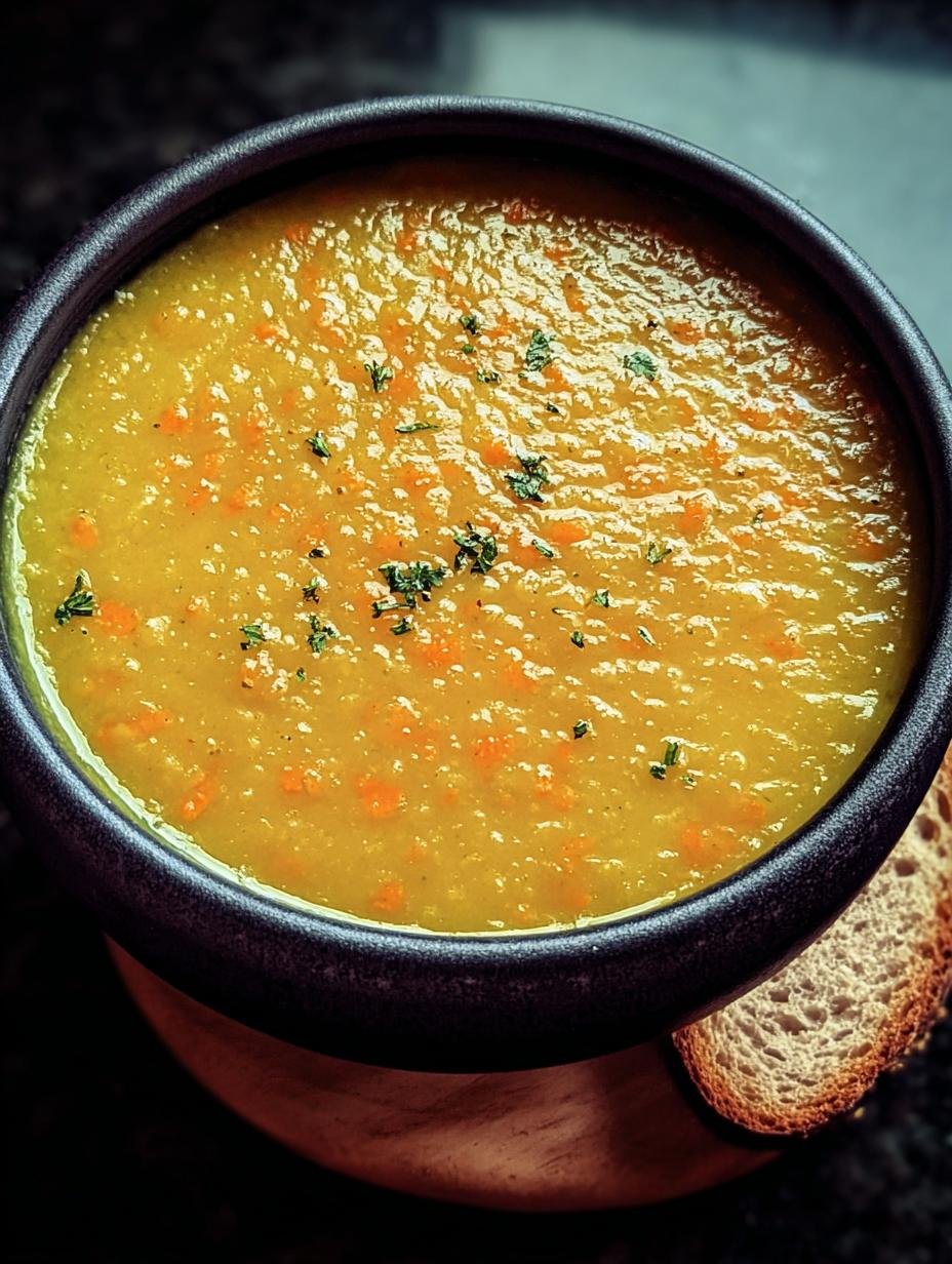 A close-up of a spoonful of creamy Split Pea Carrot Soup, showing its thick texture and vibrant color - additional detail
