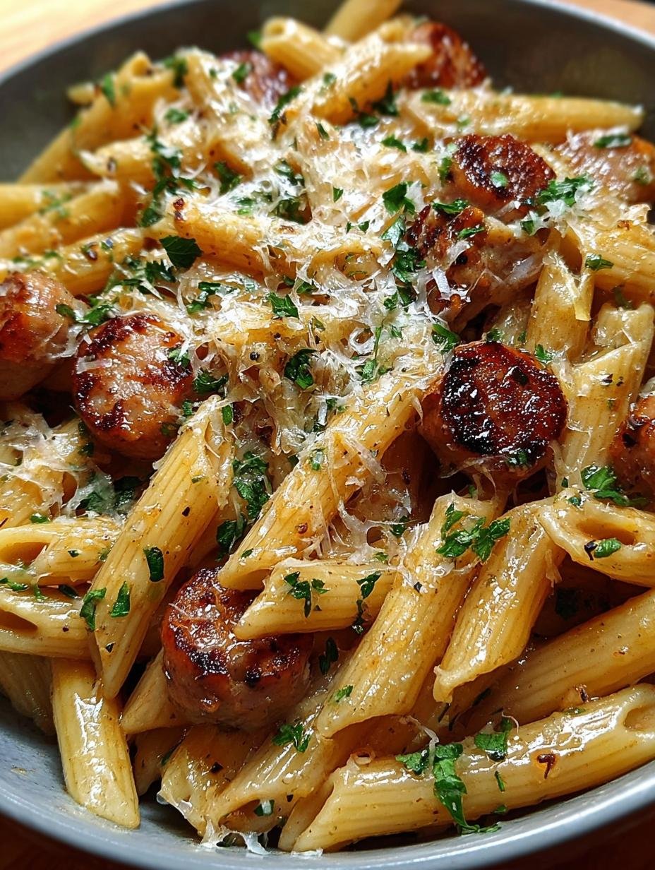 Delicious Sticky Sweet Garlic Parmesan pasta with Italian sausage and fresh parsley, ready to be served