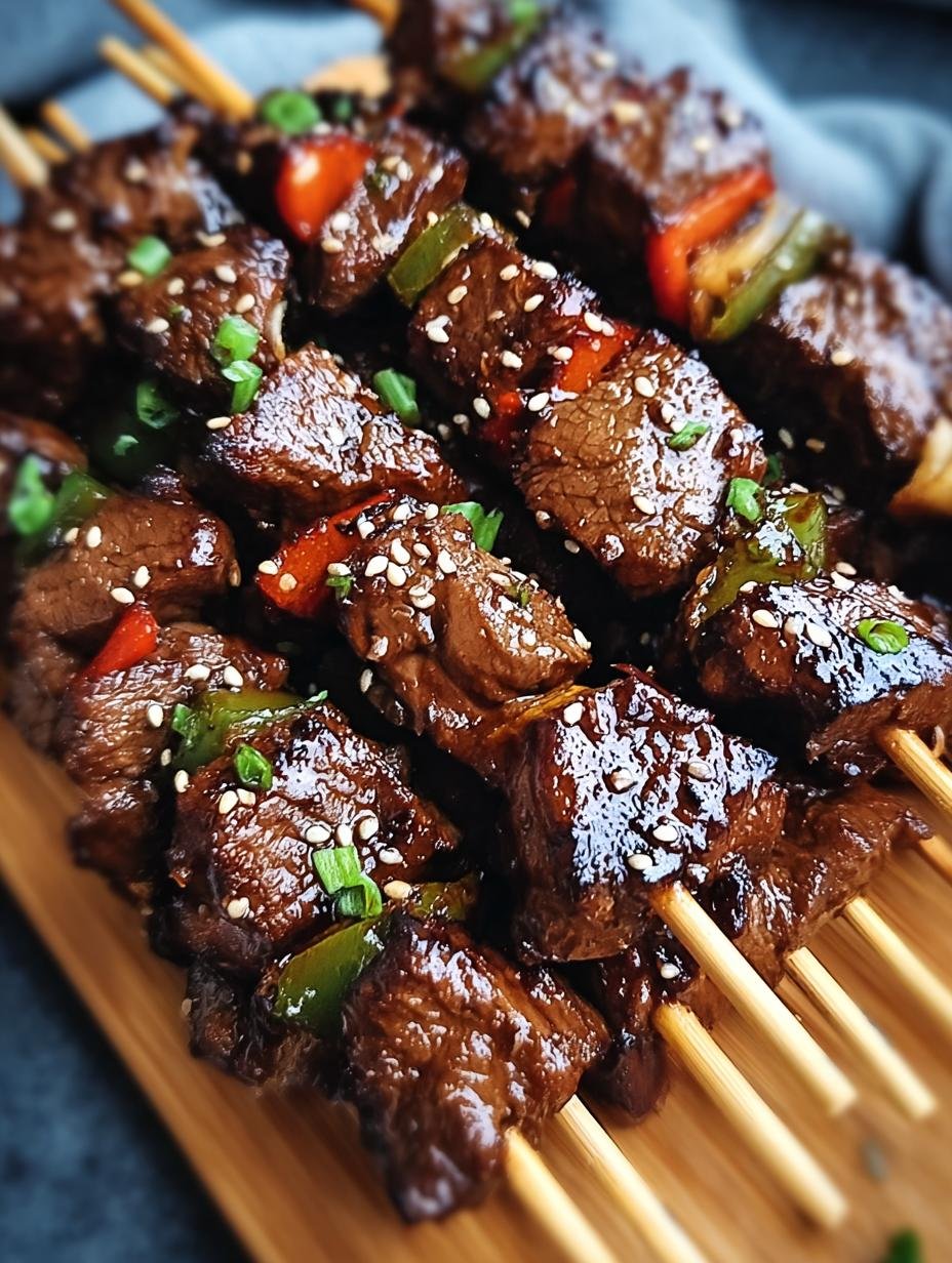 Amazing Sweet Teriyaki Sesame Beef in 30 Min! - Sweet Teriyaki Sesame Beef skewers on a grill with a delicious glaze