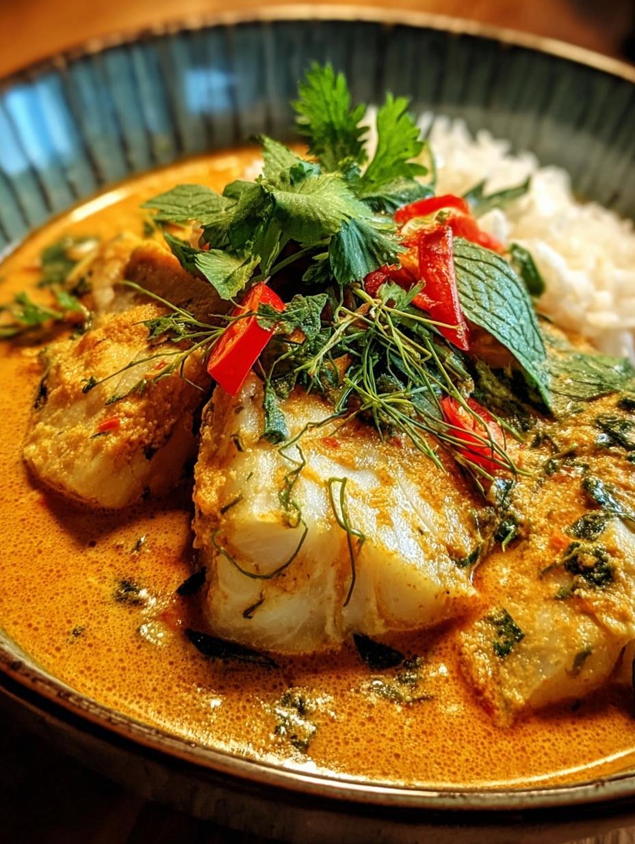 Delicious Thai Coconut Fish Curry served in a bowl with fresh herbs and lime, ready to eat