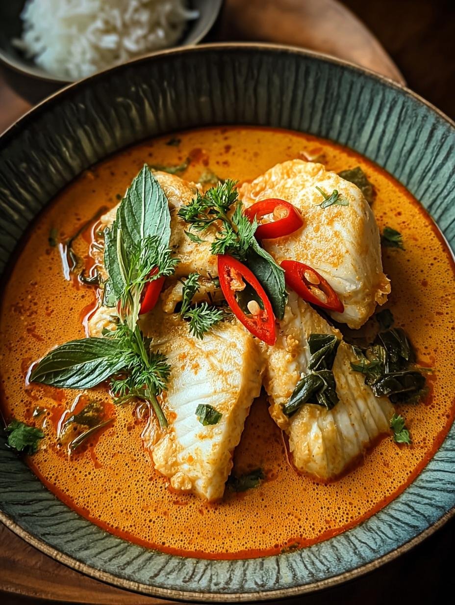 Close-up of creamy Thai Coconut Fish Curry with tender fish and vibrant vegetables