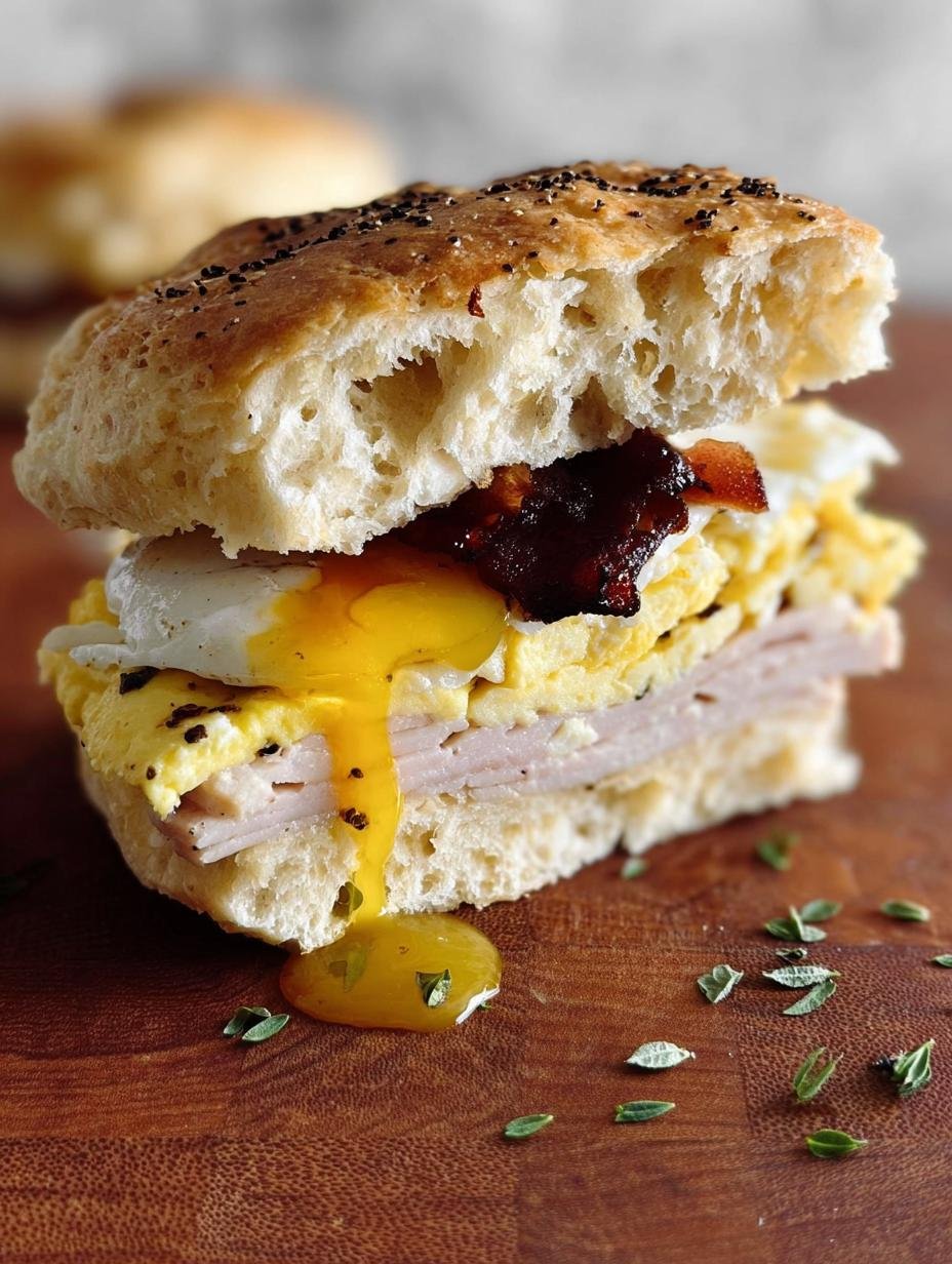Amazing Thanksgiving Leftover Breakfast Sandwiches: 550 Calories - A perfectly assembled Thanksgiving Leftover Breakfast Sandwich with turkey, stuffing, cranberry sauce, and melted cheese on toasted brioche bread, ready to eat.