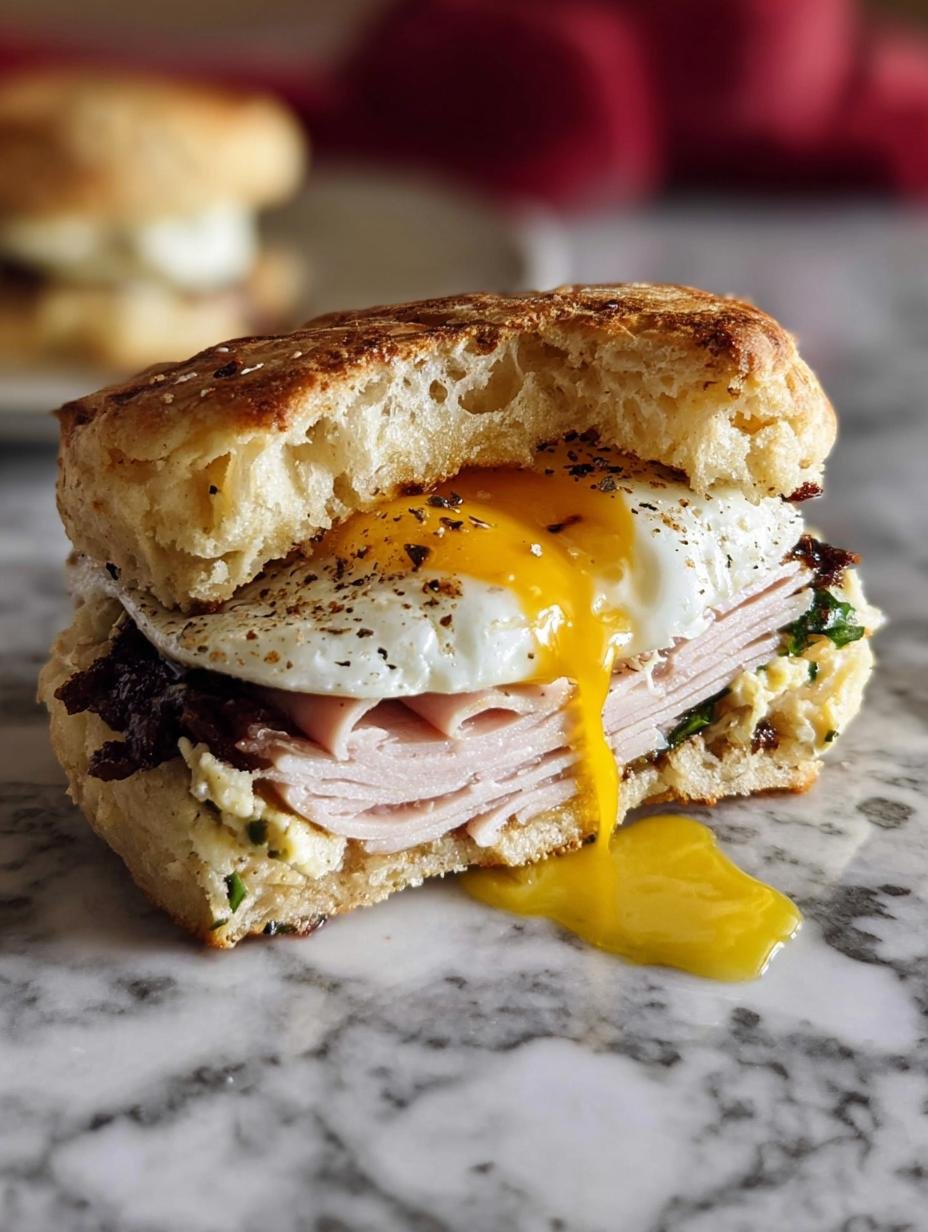 Amazing Thanksgiving Leftover Breakfast Sandwiches: 550 Calories - A close-up of a Thanksgiving Leftover Breakfast Sandwich showing the layers of turkey, stuffing, cranberry, and egg, with a side of gravy for dipping.