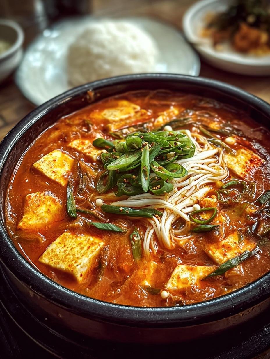 Vegan Sundubu Jjigae Korean: A steaming bowl of spicy, flavorful Korean tofu stew.
