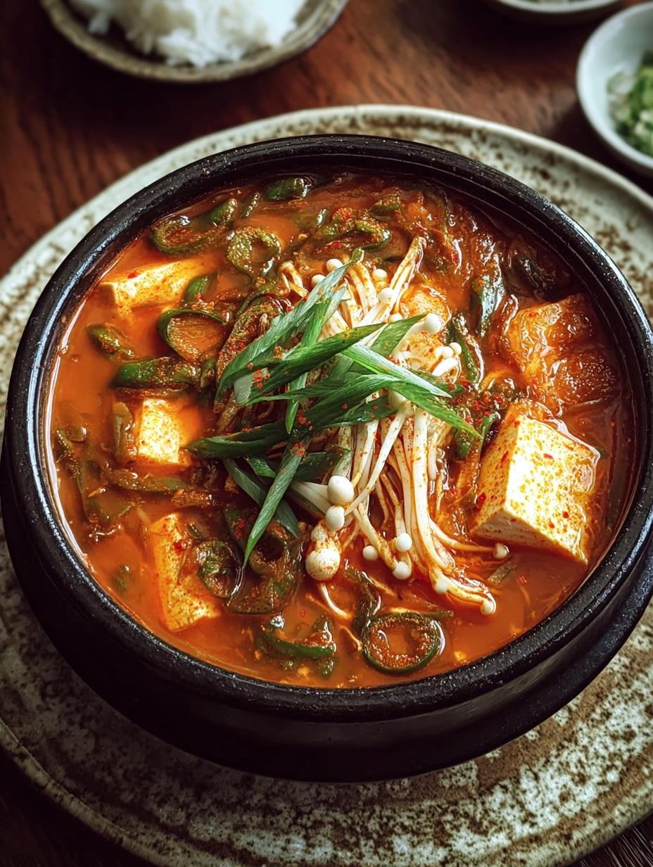 Close-up of silken tofu and enoki mushrooms being added to a simmering pot of Vegan Sundubu Jjigae Korean.