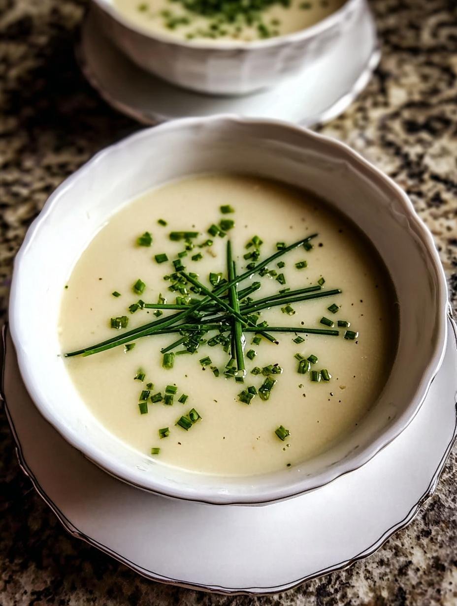 Two elegant bowls of chilled Vichyssoise Soup, garnished with fresh chives and a swirl of cream, ready to be served