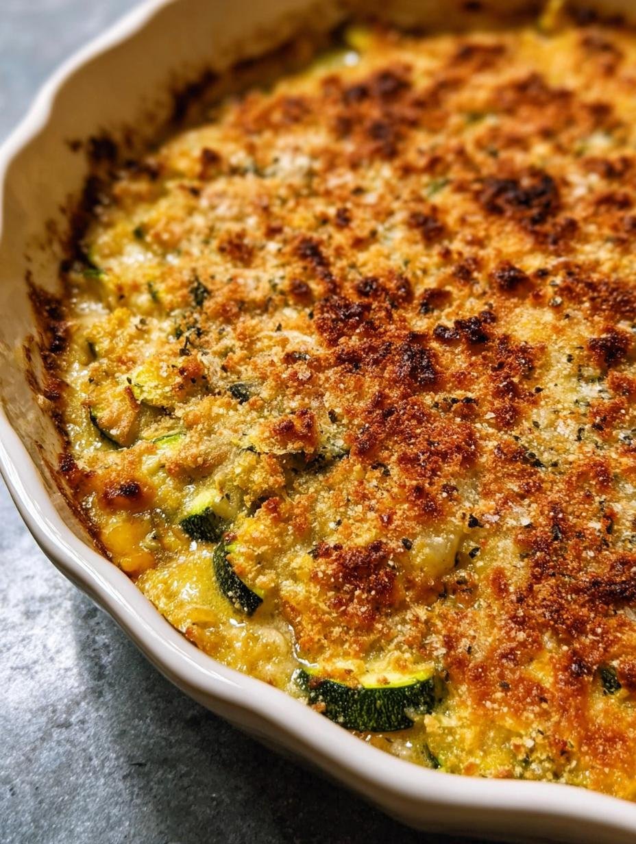 Close-up of a serving of Zucchini Gratin Bake Gruyere, showing creamy texture and golden crust