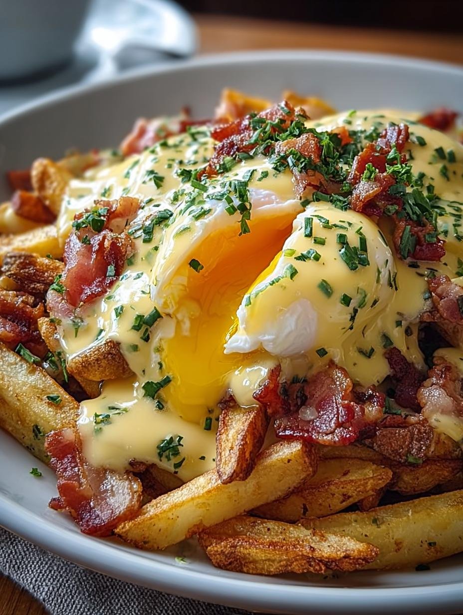 Irresistible Breakfast Poutine with Hollandaise Sauce served with poached eggs and crispy fries