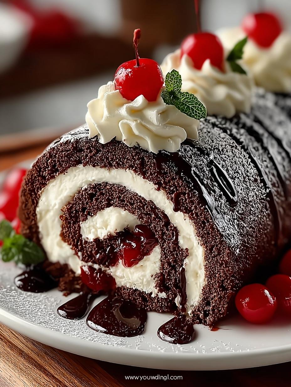 Indulge in an Elegant Black Forest Cake Roll Delight